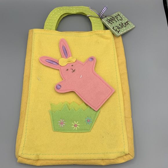 Large Yellow Embroidered Felt Easter Bunny Bag Tote and Happy Easter Wooden Tag - Picture 2 of 9